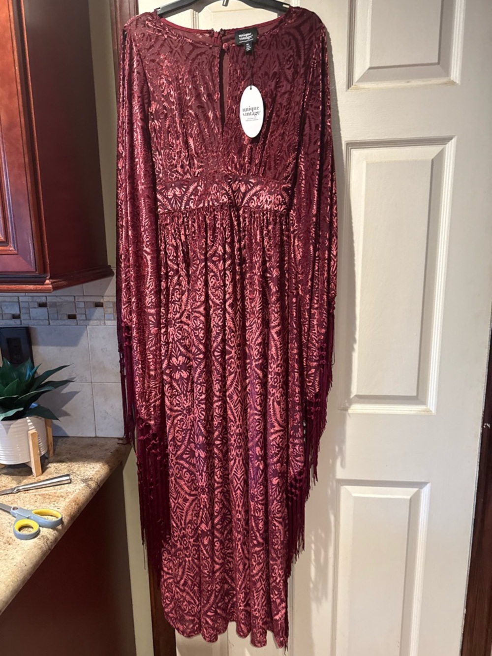 Unique Vintage flutter sleeve Kaftan Dress  Fringe Detail & cold shoulder design - Picture 14 of 17